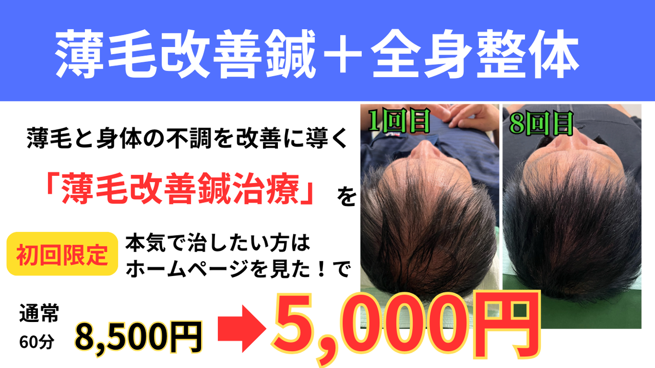 姫路で薄毛にお悩みならオオヤ鍼灸整骨院 姫路駅前店の薄毛改善鍼＋全身整体が初回限定5,000円で受けられる割引キャンペーンをご活用ください。